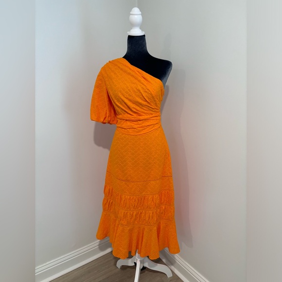L'ATISTE Dresses & Skirts - NWT L’Atiste Orange Eyelet One Shoulder Dress With Sash Size S